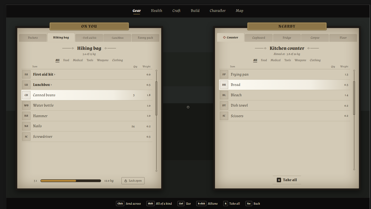 Design mockup of the Gear screen in a parchment style, with On you and Nearby panels