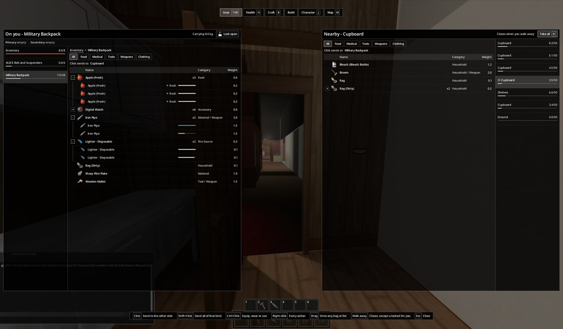 IEUI Gear screen in game: the player's backpack contents on the left, a nearby cupboard and other containers on the right, with a hotbar and key hints along the bottom